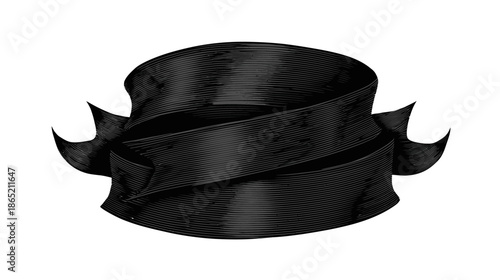 Elegant black satin ribbon banner scroll design element, isolated on white background, perfect for titles, awards, or promotions.