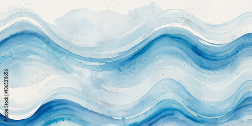 Abstract blue liquid watercolor paint background with alcohol ink grunge texture, featuring a horizontal sea wave crossing a clean white background design