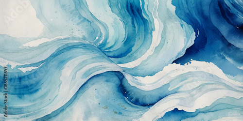 Fluid liquid watercolor abstract blue paint background with alcohol ink grunge texture and horizontal ocean wave illustration isolated on white wallpaper