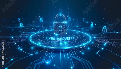 Cybersecurity concept with luminous digital lock icon surrounded by network connections, representing data protection, online security, and secure information systems.