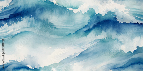 Abstract blue watercolor paint background with fluid liquid and alcohol ink grunge texture, horizontal ocean sea wave isolated on clean white background