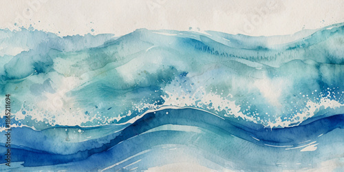 Liquid fluid watercolor abstract blue paint background with alcohol ink grunge texture, showing a horizontal ocean sea wave on clean white wallpaper background design