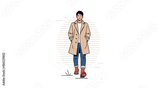 Young Man in Trench Coat and Jeans Walking Outdoors
