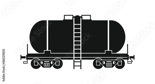 A stark black illustration depicts a railway tank car complete with wheels and ladder silhouette