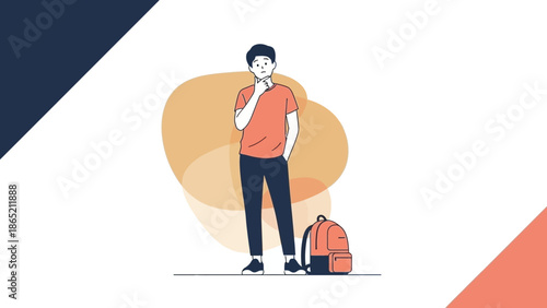 Young man pondering with backpack, thinking pose, casual style, vector illustration