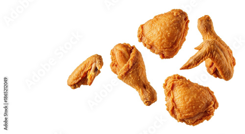 Crispy, golden-brown fried chicken drumsticks, wings, and thighs with crumbs suspended in mid-air, isolated against a transparent studio background, concept for food advertising