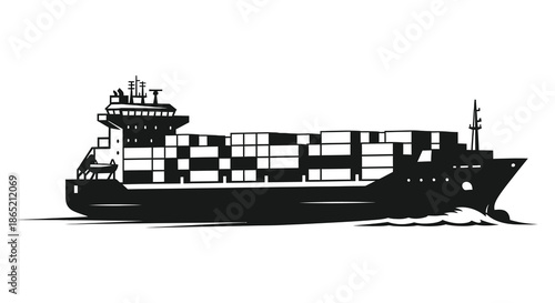 A striking black and white illustration depicts a large cargo ship traveling on water silhouette