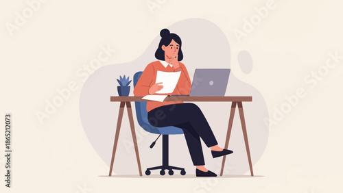 Woman working at desk with laptop and papers, thoughtful expression, illustration style