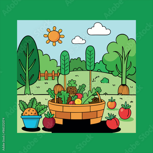 Basket filled with freshly picked seasonal vegetables in the garden with gardening to