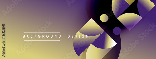 Abstract gradient background features overlapping purple, gold circles. Modern design elements create dynamic visual texture. Minimalist text present.