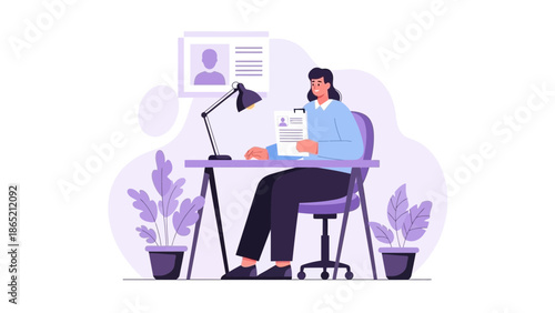 Woman working at desk with resume and profile picture, career development concept