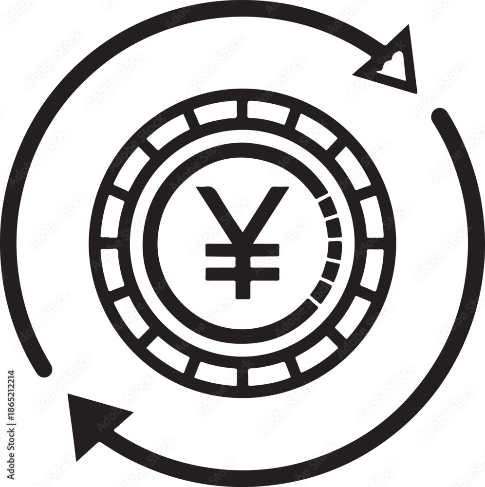 Fototapeta premium Dynamic yen currency symbol in circular motion with arrows