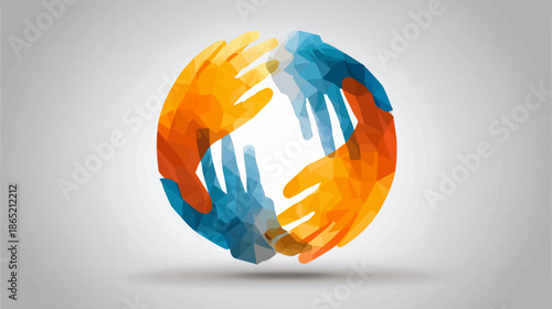 Colorful interlocking hands forming a circular symbol of unity, teamwork, global cooperation, partnership, and community support.