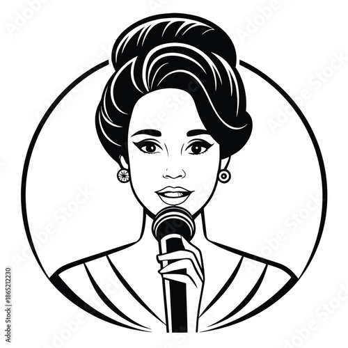 Black and white illustration of a woman singing into a microphone
