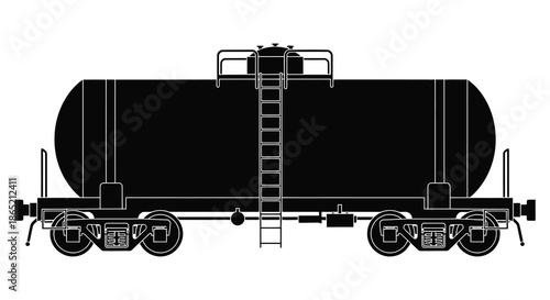 A detailed black silhouette of a railway tank car with ladder and wheels industrial transport silhouette