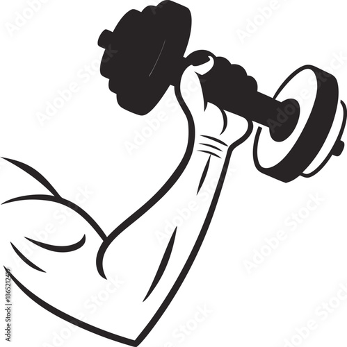 Muscular arm lifting dumbbell in dynamic motion for fitness