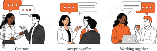 Business Communication Process Illustration Showing Contract Agreement, Accepting Job Offer, and Working Together Concept Flat Vector Design