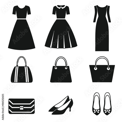 Black silhouette icons of women's dresses, handbags, and shoes