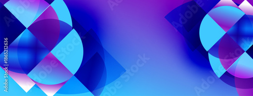 Abstract background features overlapping circles, vibrant blues, purples. Gradient effect creates dynamic visual experience. Modern design.