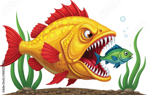 Underwater food chain: large aggressive yellow fish devouring smaller green fish. Dynamic cartoon.
