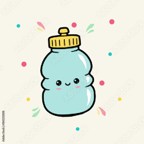Halftone pop art dot baby bottle character with a happy face and colorful decorative circles vector illustration