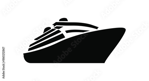 A striking black and white depiction of a cruise ship with several decks and passengers silhouette