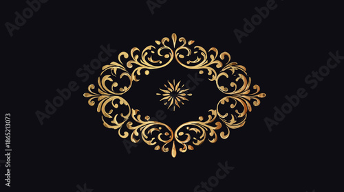 Elegant Golden Ornate Frame Design on Black, Vintage Decorative Flourish Element, Luxury Royal Swirl Border