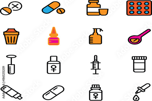 A Professional Set of 16 Color-Coded Medical Icons Featuring Essential Pharmaceutical Supplies Like Syringes, Inhalers, Blister Packs, and Liquid Medication Bottles.