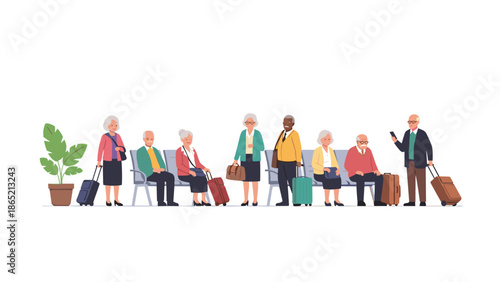 Diverse group of elderly people with luggage, sitting and standing in a waiting area, symbolizing travel, retirement, and social connection.