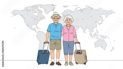 Happy elderly couple with luggage, standing confidently in front of a world map, symbolizing their global travel adventures and retirement dreams.