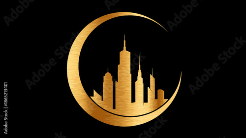 Elegant Golden City Skyline Silhouette within a Crescent Moon on Black Background - Modern Urban Architecture & Luxury Design Concept