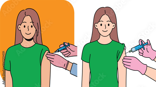 A Professional Vector Sequence Showing a Healthcare Worker in Pink Gloves Administering a Vaccine Injection into the Arm of a Smiling Young Woman.