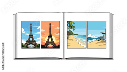 Open travel journal showcasing two pages of captivating holiday photographs, featuring the Eiffel Tower at different times of day and a serene beach scene with ocean waves.