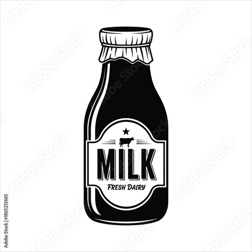 Vintage milk bottle with foil cap silhouette icon for retro dairy branding and nostalgic packaging design in black and white