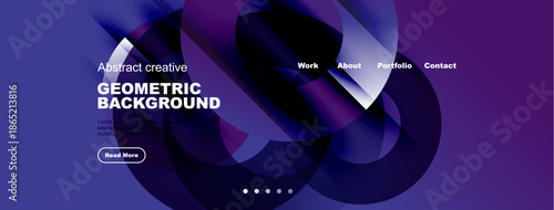 Abstract geometric background design. Purple hues dominate with white text elements, navigation menu visible. Modern aesthetic.