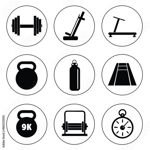 Fitness Equipment Icons in Circles dumbbell barbell