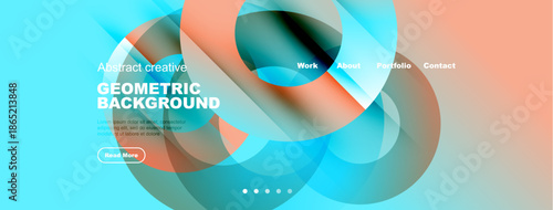 Abstract geometric background design. Blue, orange hues create modern visual experience. Text elements present work, about, portfolio, contact options.