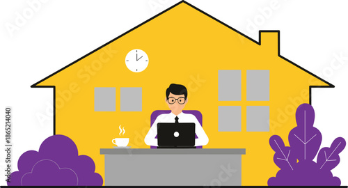 Work From Home Concept Illustration with Man Using Laptop at Desk Inside House Flat
 Vector Design for Remote Work,
 Freelance, and Home Office Themes
