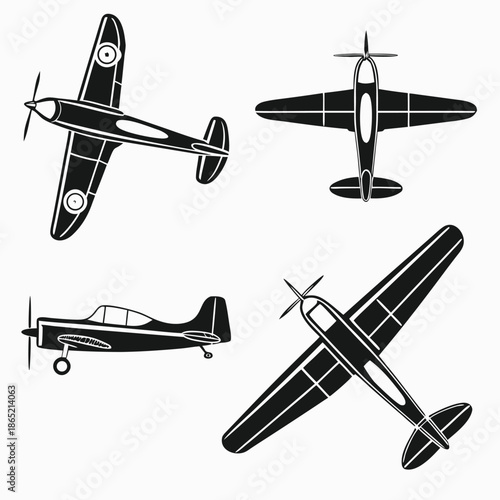 Four Silhouettes of Vintage Propeller Airplanes aircraft