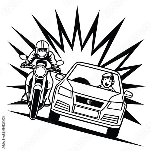 Motorcycle and car with surprised driver in a near collision