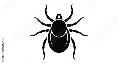 A stark black insect design with prominent legs and a distinctive body shape presented as a silhouette