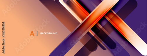 Abstract geometric design. Orange, purple gradients create dynamic lines, shapes. Modern aesthetic suitable for backgrounds, presentations.
