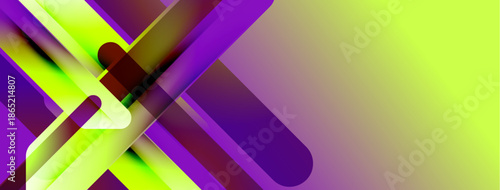 Abstract geometric design. Purple, green gradients create dynamic shapes. Modern, vibrant composition with negative space.