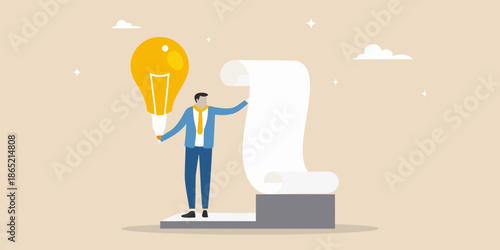 Man presenting a bright idea from a scroll on a podium