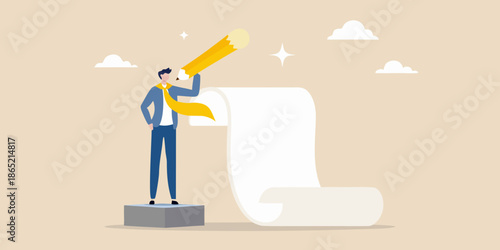 A businessman looks through a telescope at a bright unfolding future