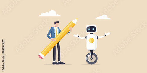 Man and robot collaborate with a large pencil showcasing creative ai concepts