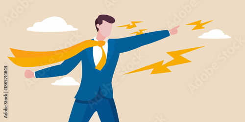 A businessman with a cape overcomes challenges symbolized by lightning bolts