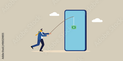 A man attempts to fish a dollar sign from a large smartphone screen