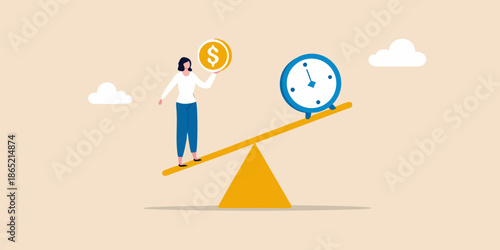 Balancing finances and time a woman weighs money against the clock