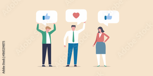 People expressing positive feedback with thumbs up and heart icons in speech bubbles